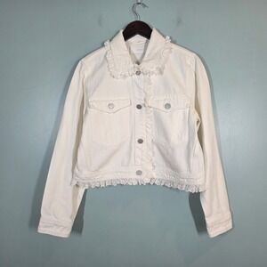 BlankNYC White Denim Eyelet Lace Ruffle Cropped Jacket Womens Large 75XV5492T